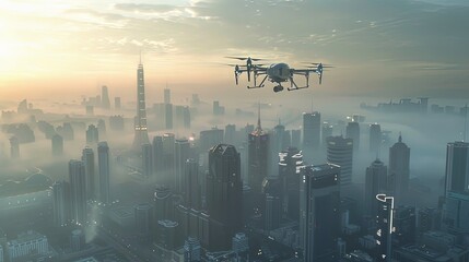 A high-tech surveillance drone hovering above a city skyline, showcasing the use of aerial monitoring for enhancing security and emergency response capabilities.