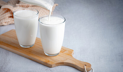 Pouring homemade kefir, buttermilk or yogurt with probiotics. Yogurt flowing from glass bottle on light background. Probiotic cold fermented dairy drink. Trendy food and drink. Copy space