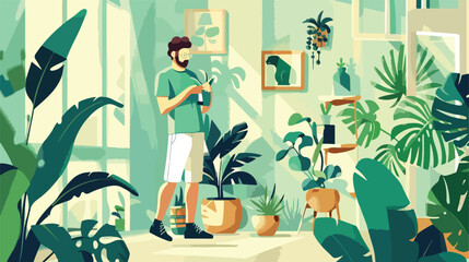 Young man taking care of plants at home Vector style