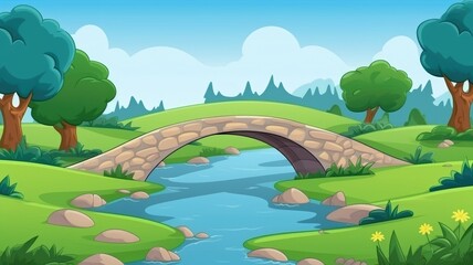 Serene Landscape with Stone Bridge Over Stream