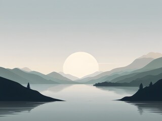 a painting of a lake with a full moon in the background.