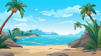 Fototapeta na wymiar Tropical Beach Bliss: Cartoon Paradise with Palm Trees
