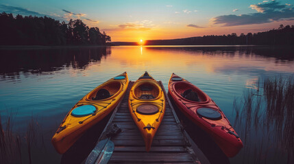 Kayaks Adrift on the Calm Waters of a Sunset Lake