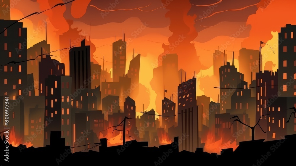 Wall mural Apocalyptic Urban Inferno: City Engulfed in Flames