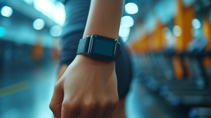 Fototapeta premium Evening workout with a smartwatch in a gym setting