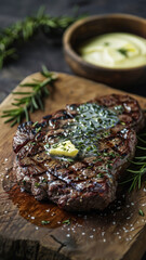 Juicy Medium Rare Steak with Herb Butter on Rustic Wooden Board