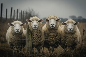 sheep together looking at the camera. generative ai - obrazy, fototapety, plakaty