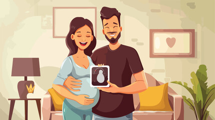 Young pregnant couple with sonogram image at home Vector