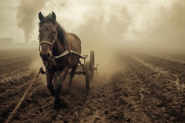 working horse plowing wheat field with a plough. generative ai - obrazy, fototapety, plakaty