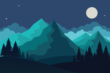 Panorama of Amazing nature. Beautiful view on a peak mountains. Mountain, forest and Starry sky. Vector