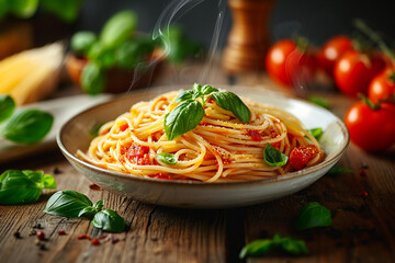 Delicious appetizing spaghetti pasta with tomato sauce.