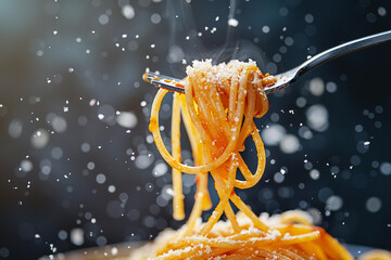 Close-up of fork with spaghetti tomato sauce.