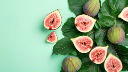 Fresh ripe figs and green leaves on color background -