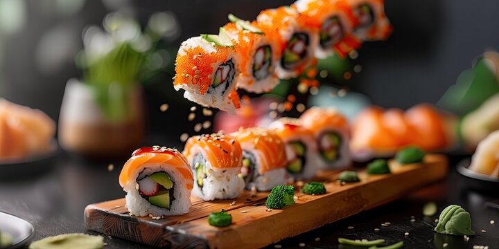 Several pieces of fresh salmon sushi floating on a wooden plate.