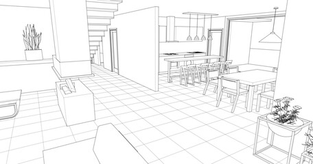 house interior sketch 3d illustration	
