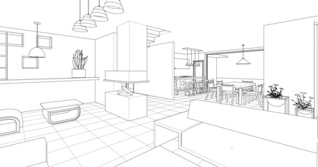 Obraz premium house interior sketch 3d illustration 