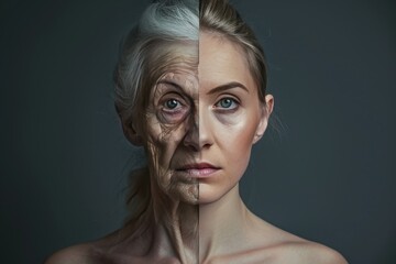 Collagen boost in aging management, divide shown in age stage portrait with anti-wrinkle eye emphasis.