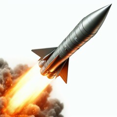 Isolated Missile Rocket with Fiery Trail on White Background