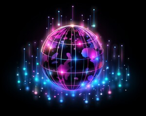 The globe is made of blue and purple neon lights. It has a glowing effect on the surface. There are many small stars around the globe. The background is black.