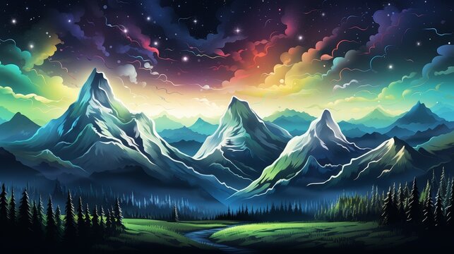 The image is a beautiful landscape painting of a mountain range at night