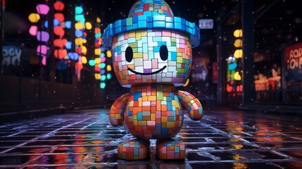 The image shows a colorful 3D character with a blue hat and a happy face