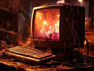 The image shows a post-apocalyptic scene with a computer on fire