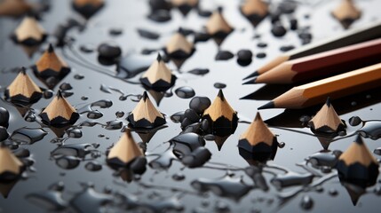 There are two sharpened pencils on a wet surface. One pencil is brown and the other is red.