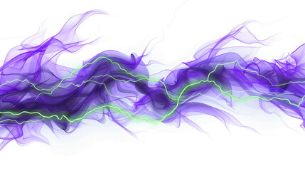 Glowing green neon lightning arcs with lively purple wave formations, isolated on a solid white background."