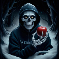 a skeleton holding an apple