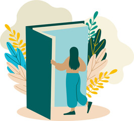 Woman Opening Book Shaped Door Illustration