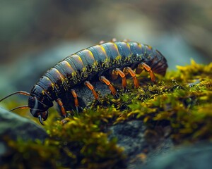 A closeup view of a centipede winding its way across mosscovered stones, detailed texture, earthy colors, high contrast, macro photography style
