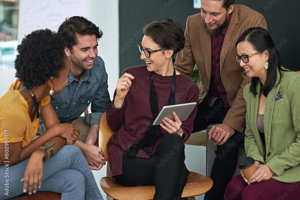 Aufkleber business, meeting and happy people with tablet in office for teamwork, collaboration and support wit