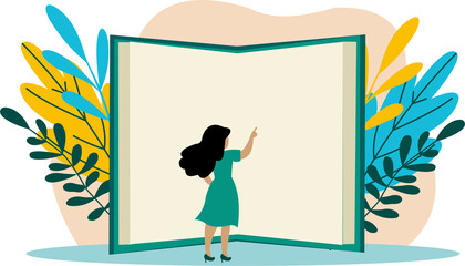 Woman Opening Book Shaped Door Illustration