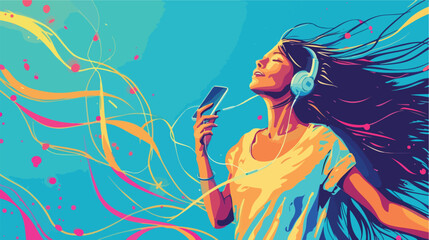 Young woman in earphones with mobile phone dancing 