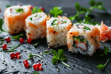 A plate of sushi with a black background. The sushi is covered in sesame seeds