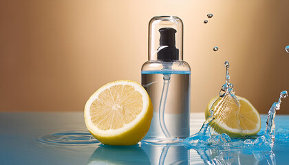 A transparent bottle of cosmetic product and lemon on a colorful background