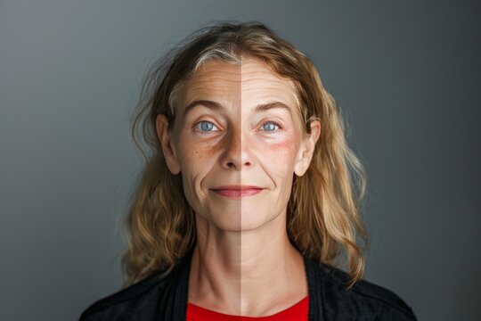 Woman aging gracefully in skin transitions, premature aging portrayal with life resveratrol in realities.