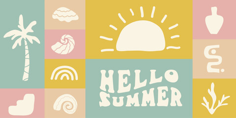 Retro Groovy Surf Club in trendy Boho style. Naive Geometric Summer Palm Tree. Simple background of sun sea. Retro Summer Beach Hand Drawn illustration. Vector illustration. 