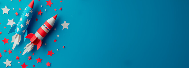 Retro Rockets with red and white stars, isolated on a blue background with copy space. Celebratory background.