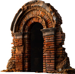 Ancient brick archway isolated with transparent background.
