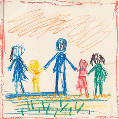 Simple children's drawing of a family, concept of family issue, children's mental health.