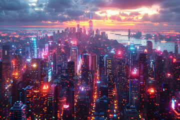 Obraz premium Futuristic Cityscape with Neon Lights at Sunset