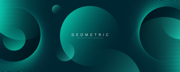 Modern abstract background with glowing geometric lines and halftone decoration. Green gradient circle shape graphic elements. Futuristic technology concept. Vector illustration