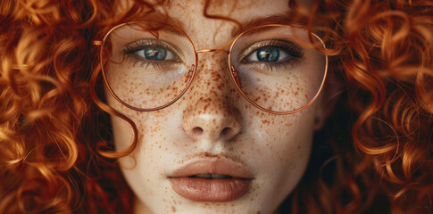 A woman with red hair and glasses is staring at the camera