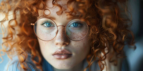 A woman with curly red hair and glasses