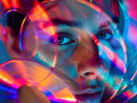 A comforting image of a person flipping through a stack of Y2Kera CDs, their face reflecting nostalgia The colorful album art and anticipation of listening evoke the new nostalgia of early 2000s media