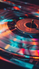 A relaxing image of a compact disc spinning smoothly in a portable CD player, the reflection of light on its surface The rhythmic whirring sound of the disc and nostalgic technology create a peaceful,