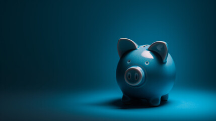 A vibrant blue piggy bank stands out against a dark blue background, illustrating financial themes