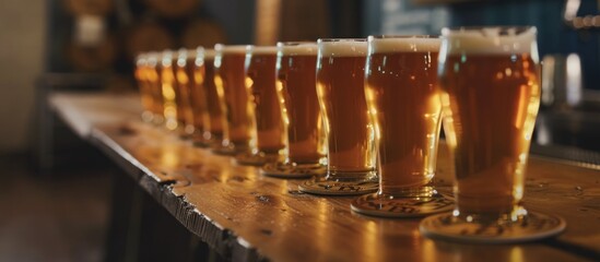 Glasses filled with beer are neatly lined up on a wooden table in a bar or nightclub - obrazy, fototapety, plakaty