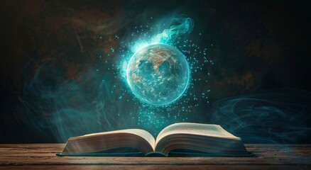 Modern futuristic book that emits light in the shape of an earth or globe